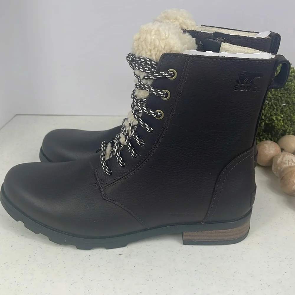 SOREL Emelie Shearling Short Lace-Up Leather Boots Blacken Brown-Sz 8.5
